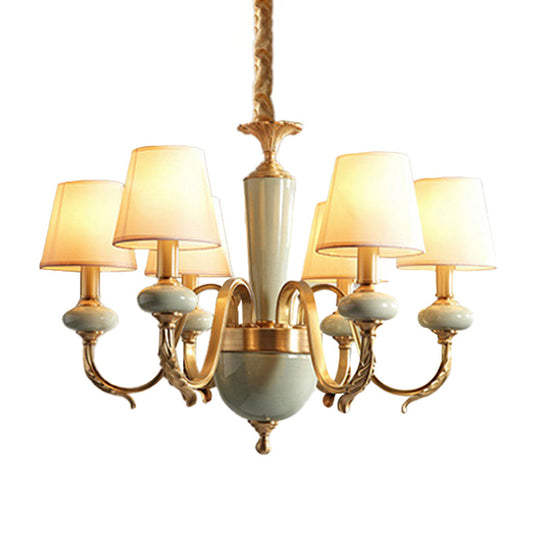 Country Gold Fabric Chandelier - 6 Heads Conical Suspension Light For Dining Room With Elegant