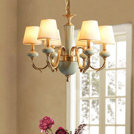 Country Gold Fabric Chandelier - 6 Heads Conical Suspension Light For Dining Room With Elegant