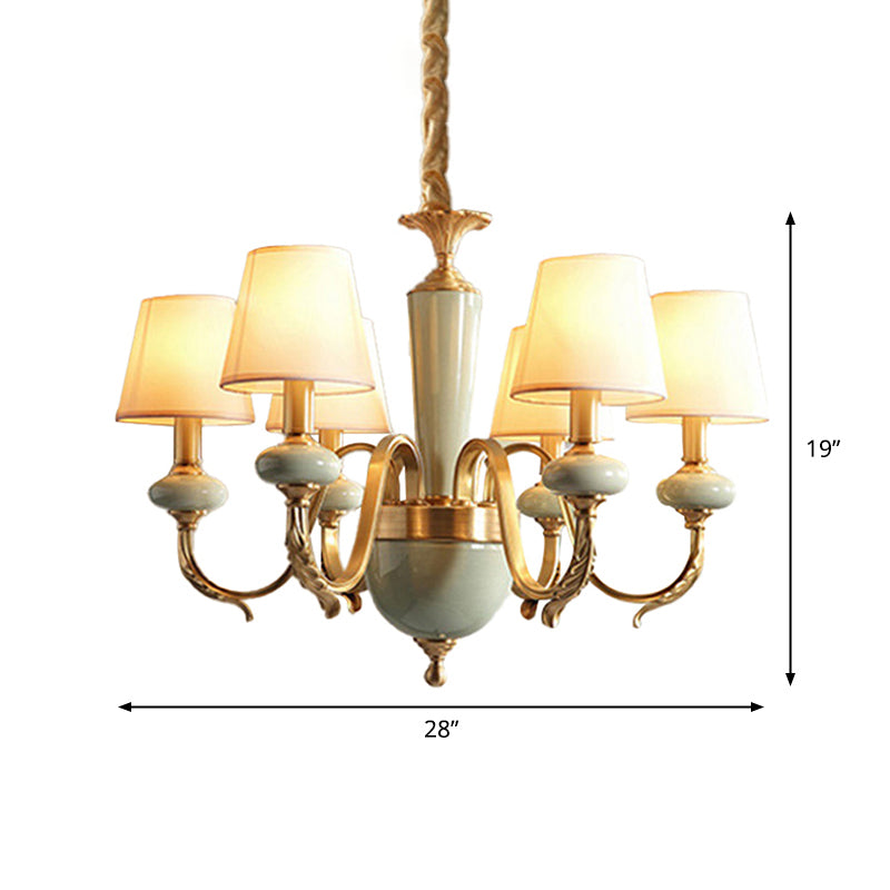 Country Gold Fabric Chandelier - 6 Heads Conical Suspension Light For Dining Room With Elegant