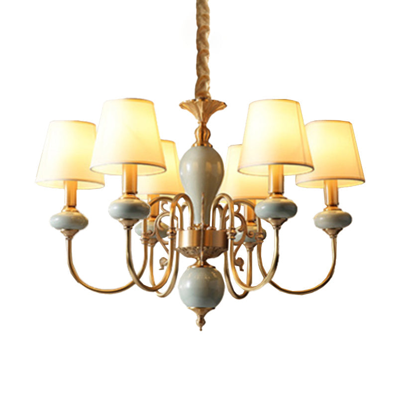 Country Gold Fabric Chandelier - 6 Heads Conical Suspension Light For Dining Room With Elegant