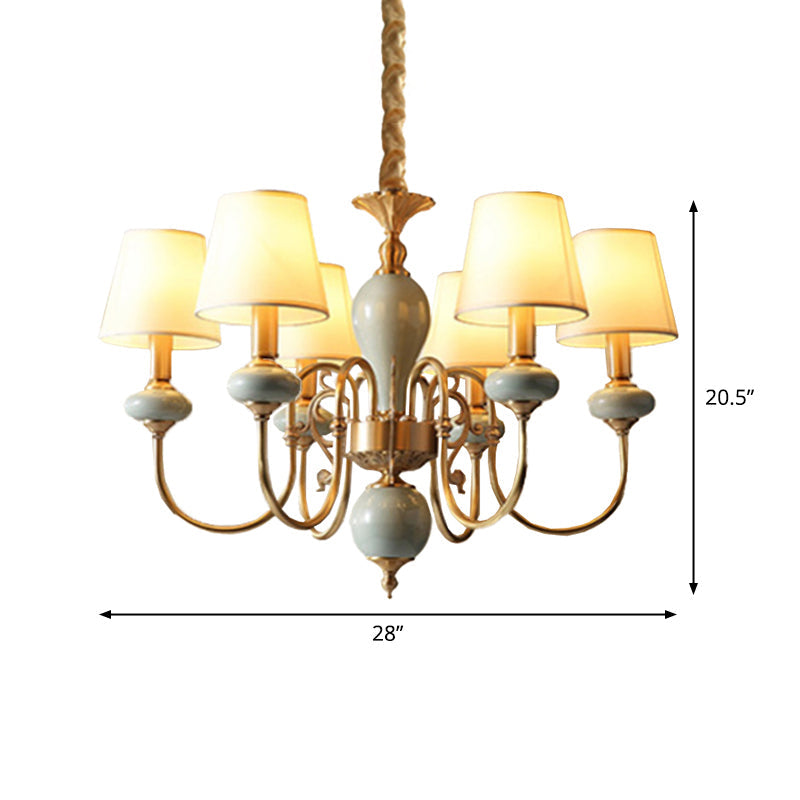 Country Gold Fabric Chandelier - 6 Heads Conical Suspension Light For Dining Room With Elegant