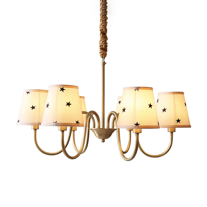 Rustic Star Patterned Chandelier In Gold - Conical Fabric Design 3/5/6 Lights Ideal For Bedroom