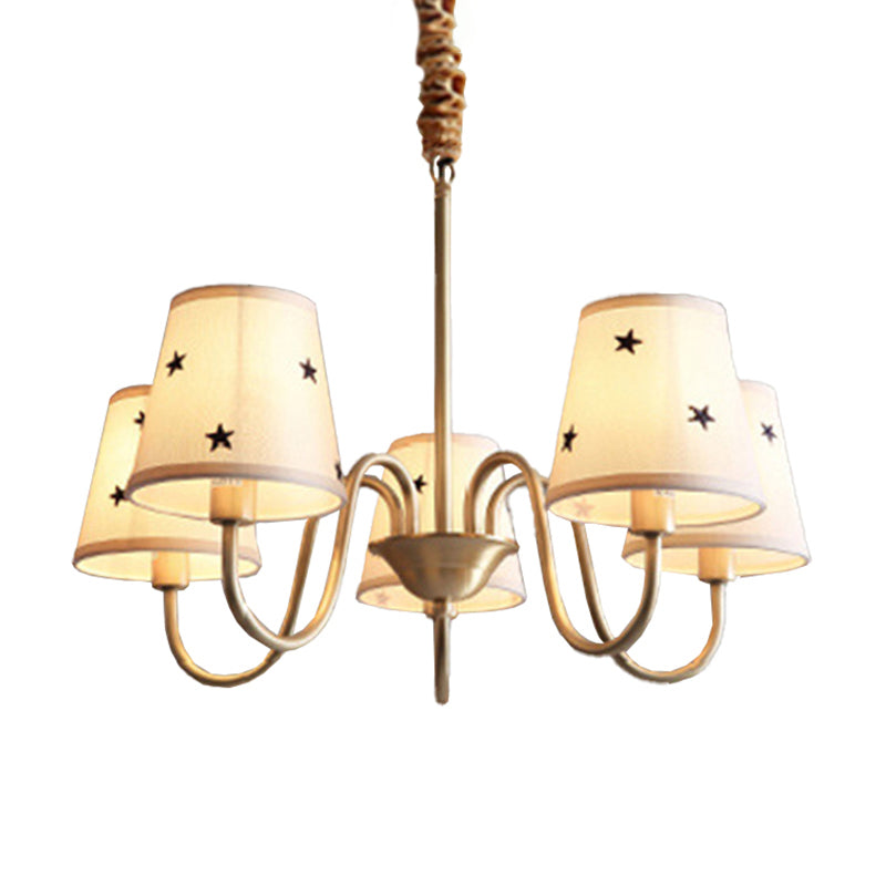 Rustic Star Patterned Chandelier In Gold - Conical Fabric Design 3/5/6 Lights Ideal For Bedroom