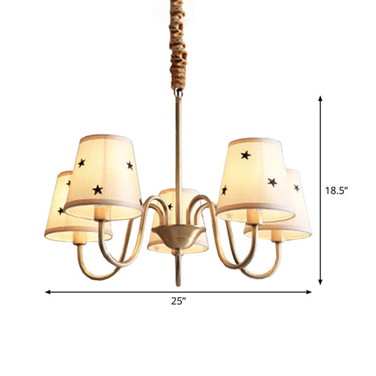 Rustic Star Patterned Chandelier In Gold - Conical Fabric Design 3/5/6 Lights Ideal For Bedroom