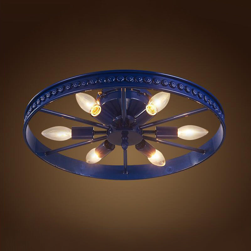 Farmhouse-Style 6-Head Semi Flush Ceiling Light - Metallic Wheel Shade Ceiling Lamp in Black/Bronze for Living Rooms