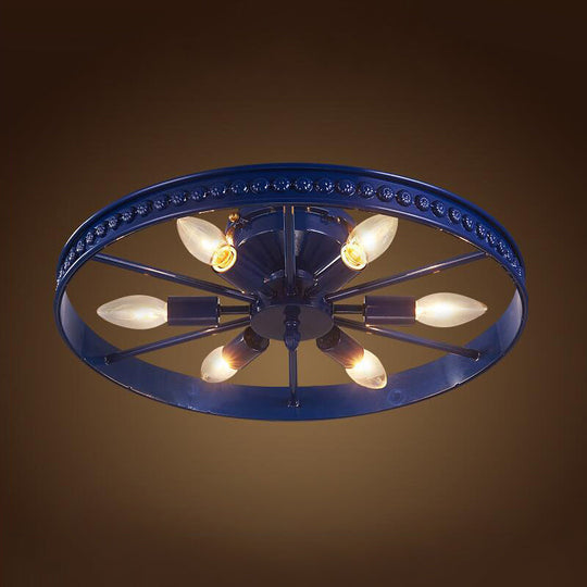 Farmhouse-Style 6-Head Semi Flush Ceiling Light - Metallic Wheel Shade Ceiling Lamp in Black/Bronze for Living Rooms