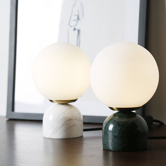 Minimalist Milky Glass Bedside Table Lamp With Marble Pedestal