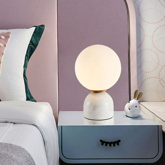 Minimalist Milky Glass Bedside Table Lamp With Marble Pedestal