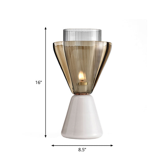 Modern Amber And Smoke Glass Hourglass Night Lamp With Marble Base - White Table Light (1 Bulb)