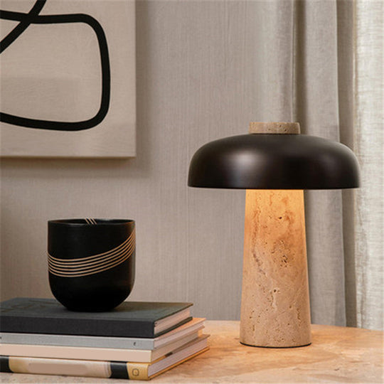 Mushroom Shaped Nightstand Lamp Minimalist Stone Design 1 Head Black & Beige