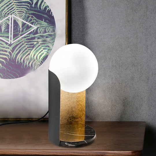 Designer Ball Shade Night Light White Glass Bedroom Table Lamp With Curved Black And Gold Stand