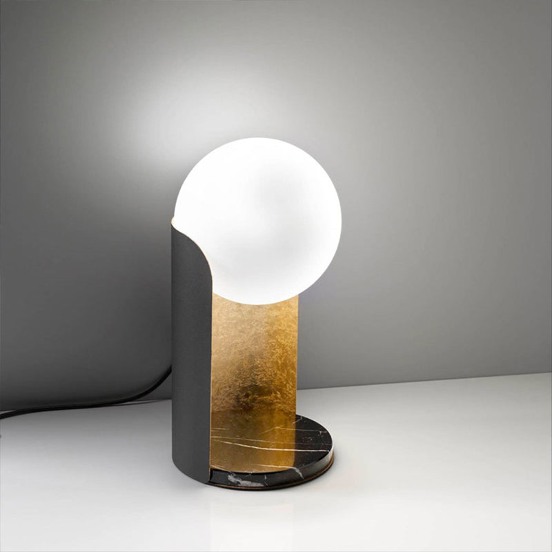 Designer Ball Shade Night Light White Glass Bedroom Table Lamp With Curved Black And Gold Stand