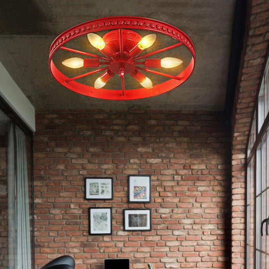 Stylish Farmhouse Ceiling Light With 6 Black/Bronze Metallic Heads And Wheel Shade For Living Room