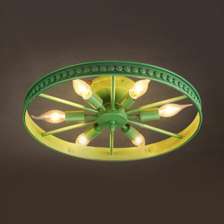 Stylish Farmhouse Ceiling Light With 6 Black/Bronze Metallic Heads And Wheel Shade For Living Room