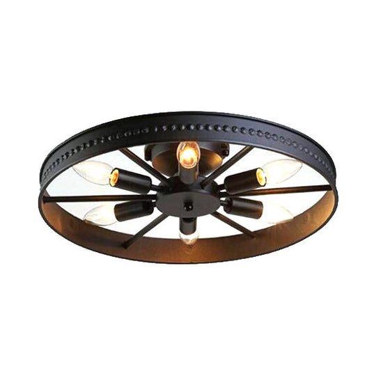 Farmhouse-Style 6-Head Semi Flush Ceiling Light - Metallic Wheel Shade Ceiling Lamp in Black/Bronze for Living Rooms