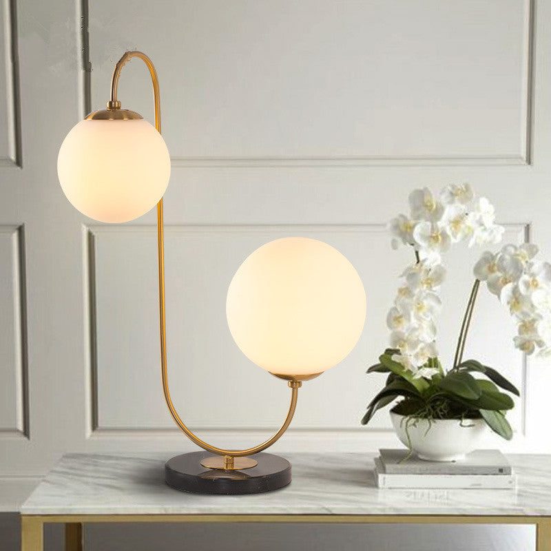 Sulafat - Gold S/C Shaped/Bend Bedside Table Light Metal 1/2-Head Designer Night Lamp in Gold with Ball Cream Glass Shade