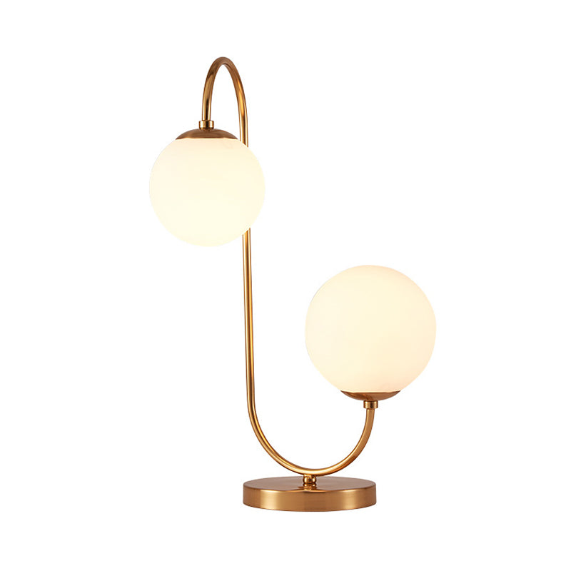 Sulafat - Gold S/C Shaped/Bend Bedside Table Light Metal 1/2-Head Designer Night Lamp in Gold with Ball Cream Glass Shade