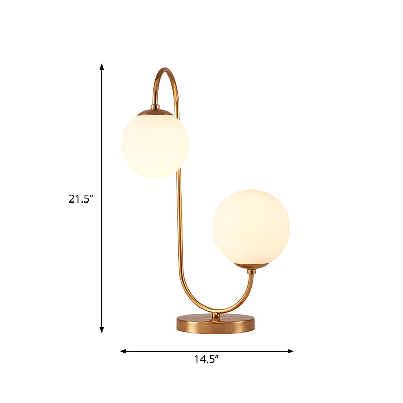 S/C Shaped Metal Bedside Table Lamp In Gold With Cream Glass Shade - Designer Nightlight 1/2-Head