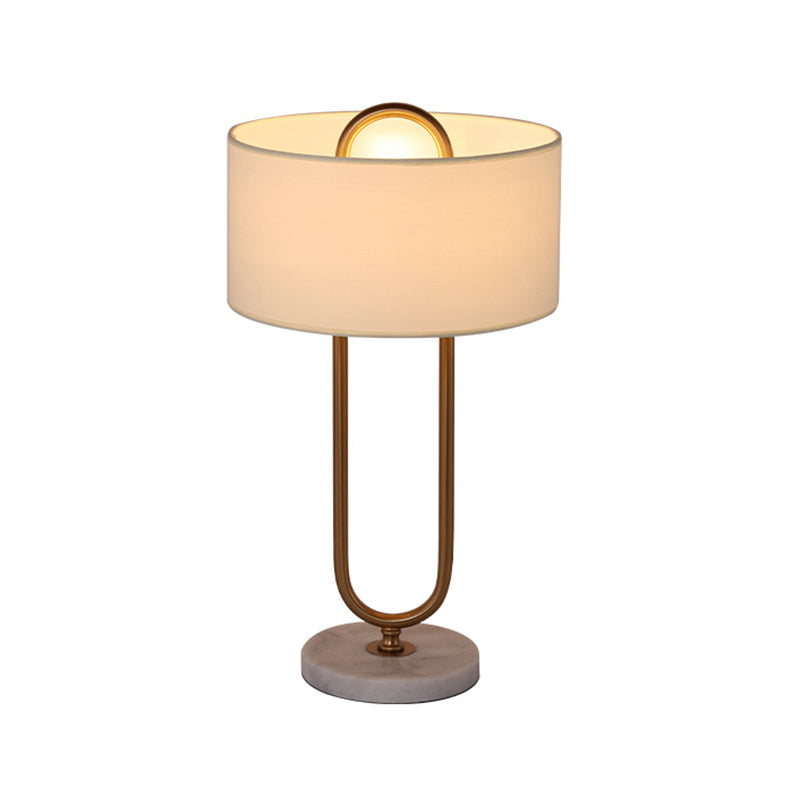 Minimalist White Drum Night Table Lamp With Brass Oval Stand - 1 Bulb Fabric Nightstand Light