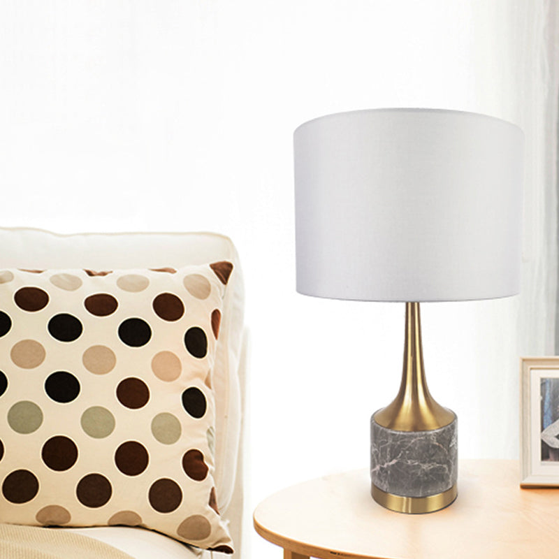 Flared Gold Night Lamp: Modern Antiqued 1-Light Table Light With Marble Base And Fabric Shade