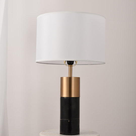 Postmodern Drum Bedside Table Lamp With Marble Pedestal - Black/White/Grey Fabric Design