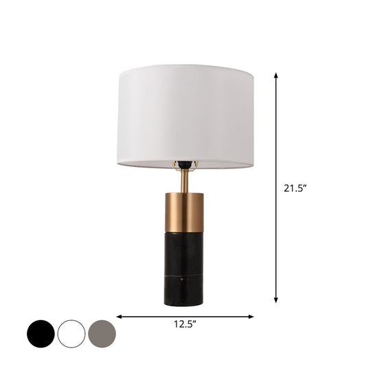 Postmodern Drum Bedside Table Lamp With Marble Pedestal - Black/White/Grey Fabric Design