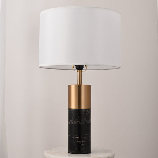 Postmodern Drum Bedside Table Lamp With Marble Pedestal - Black/White/Grey Fabric Design