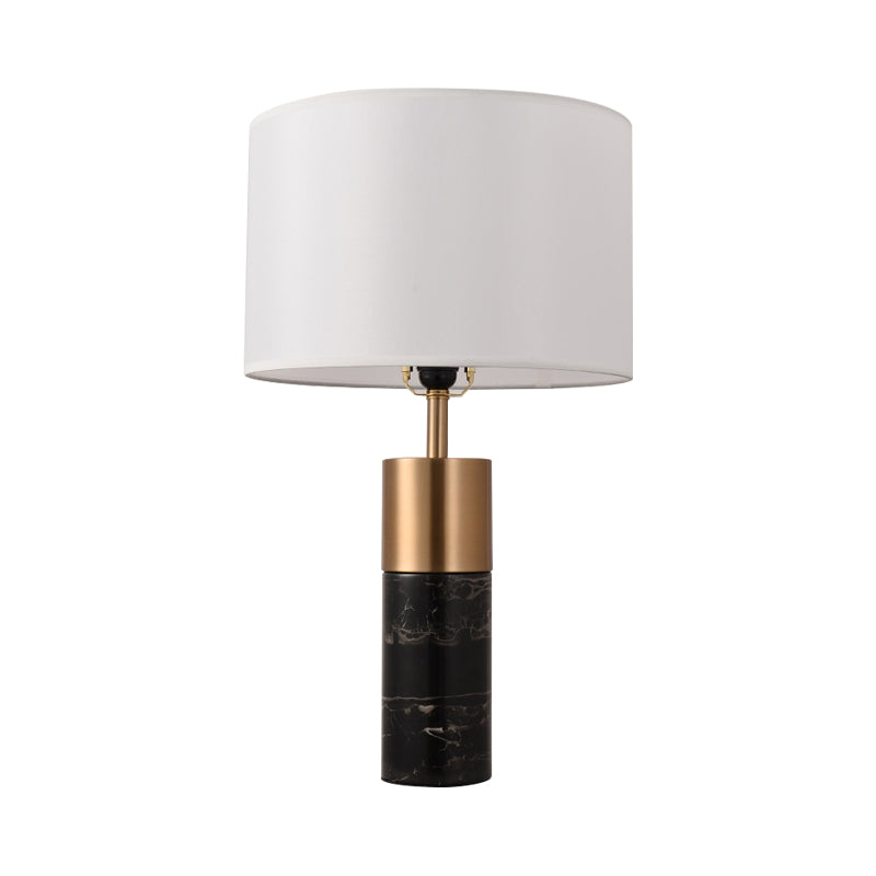 Postmodern Drum Bedside Table Lamp With Marble Pedestal - Black/White/Grey Fabric Design