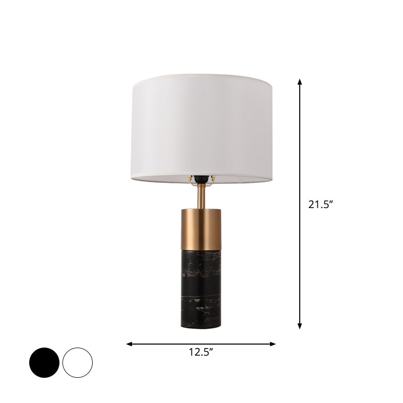 Postmodern Drum Bedside Table Lamp With Marble Pedestal - Black/White/Grey Fabric Design