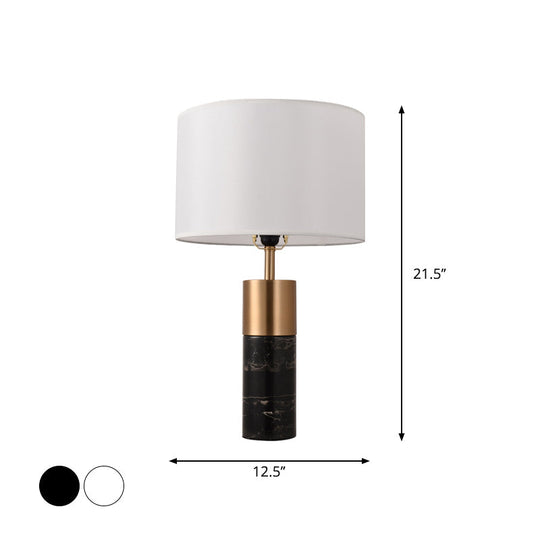 Postmodern Drum Bedside Table Lamp With Marble Pedestal - Black/White/Grey Fabric Design