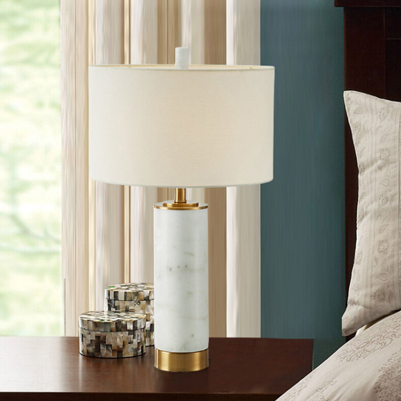 Minimalist Drum Shade Nightstand Lamp With Marble Accent - White Fabric Table Light For Bedroom