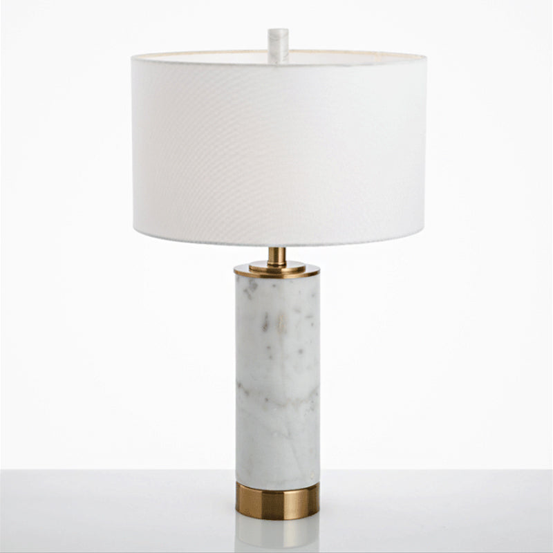 Minimalist Drum Shade Nightstand Lamp With Marble Accent - White Fabric Table Light For Bedroom