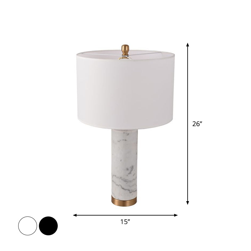 Minimalist Cylinder Table Lamp: 1-Light Fabric Night Light With Marble Pillar - Black/White