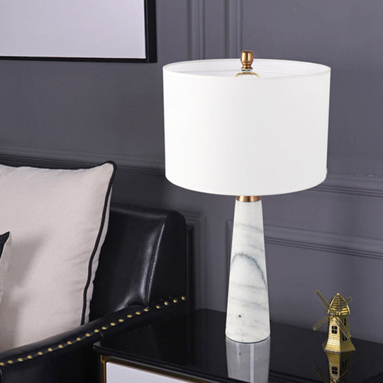 Nordic Single-Bulb Table Lamp With Fabric Cylinder Shade & Conical Marble Base - Grey/White