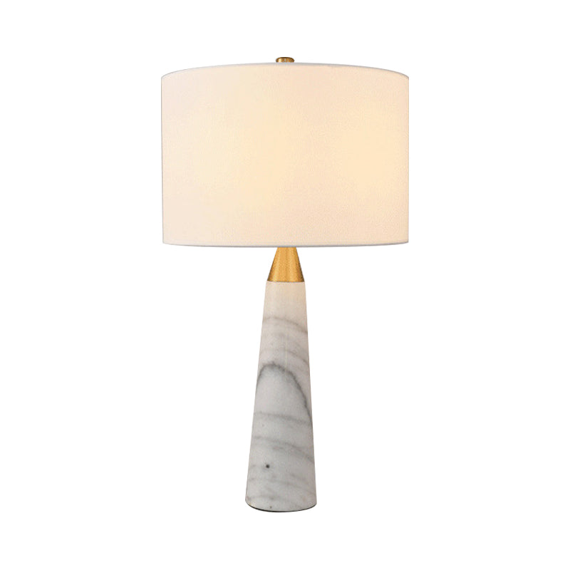 Nordic Single-Bulb Table Lamp With Fabric Cylinder Shade & Conical Marble Base - Grey/White