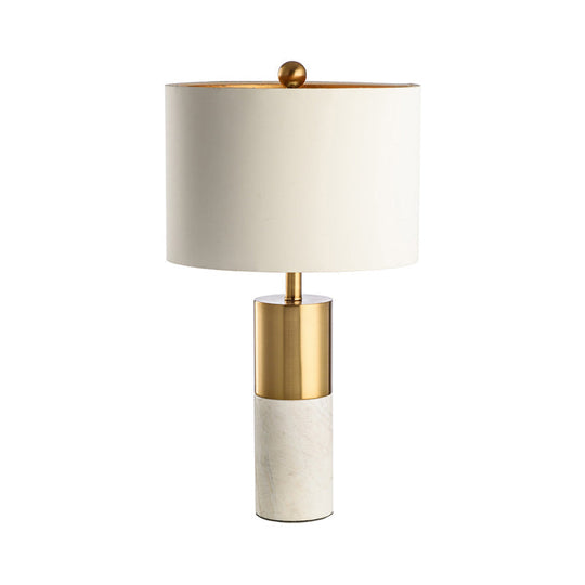 Minimalist Marble Cylindrical Table Light 1-Head Brass And Grey/White Night Lamp With Fabric