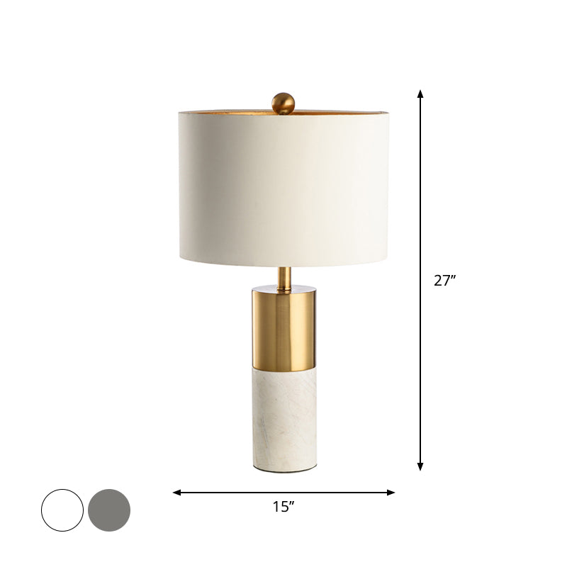 Minimalist Marble Cylindrical Table Light 1-Head Brass And Grey/White Night Lamp With Fabric