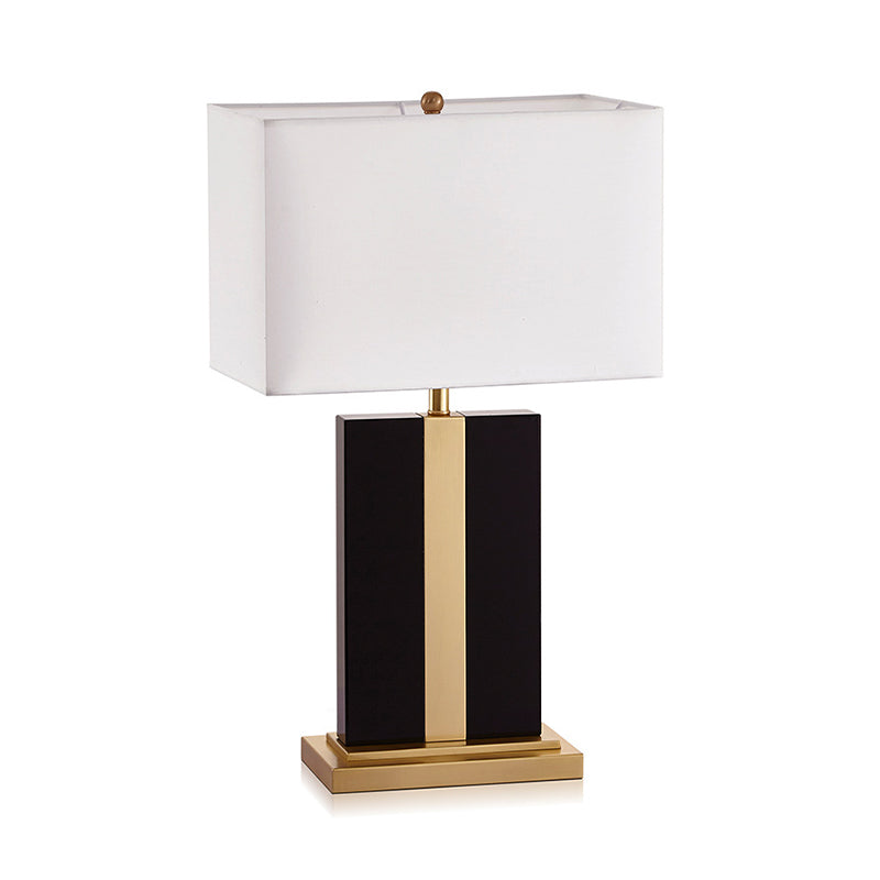 Modish Rectangular Night Table Lamp - Fabric Shade 1 Head In Black/White/Grey With Brass Accents