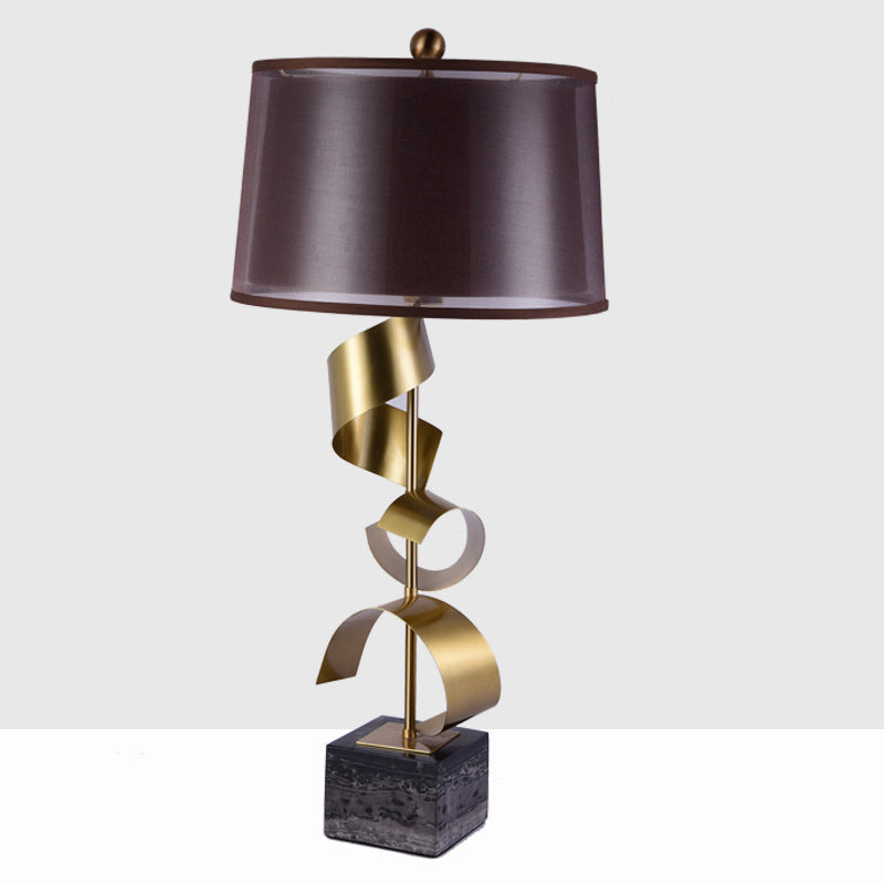 Modern Brown Fabric Drum Table Lamp With Gold Foil Accents - 1 Head Night Light