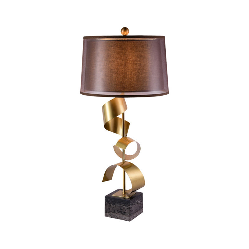 Modern Brown Fabric Drum Table Lamp With Gold Foil Accents - 1 Head Night Light