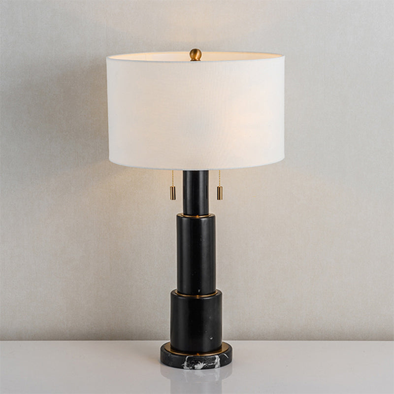 3-Tier Marble Night Lamp: Minimalist Table Light With Pull-Chain Black/White Drum Fabric Shade