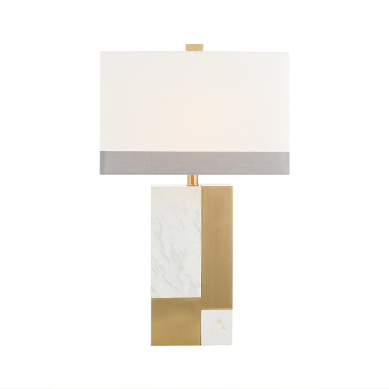 Minimalist Marble Nightstand Lamp: Rectangle Design Grey/White With Brass Colorblock Fabric Shade 1