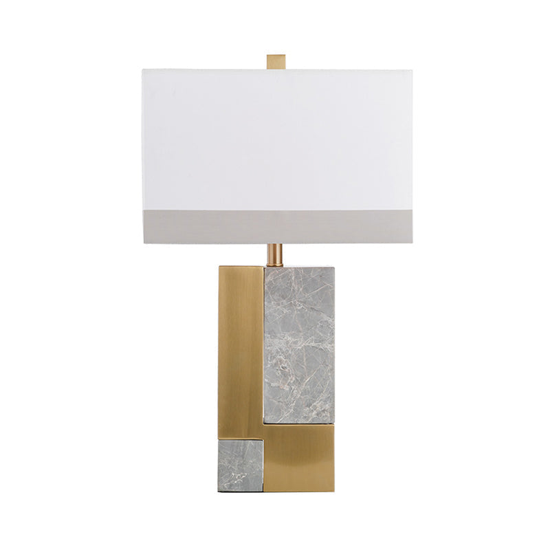 Minimalist Marble Nightstand Lamp: Rectangle Design Grey/White With Brass Colorblock Fabric Shade 1