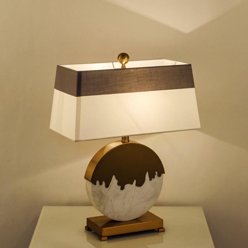 Contemporary Pagoda Fabric Table Light: Sleek Brass & White Nightstand Lamp Round Base