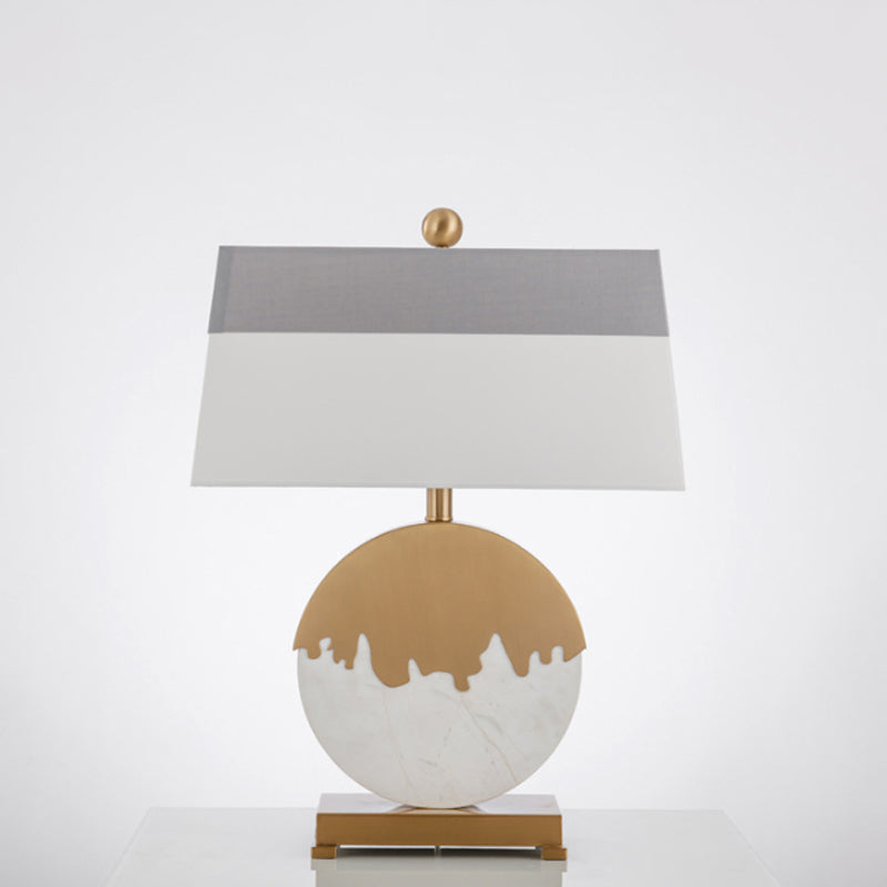 Contemporary Pagoda Fabric Table Light: Sleek Brass & White Nightstand Lamp Round Base