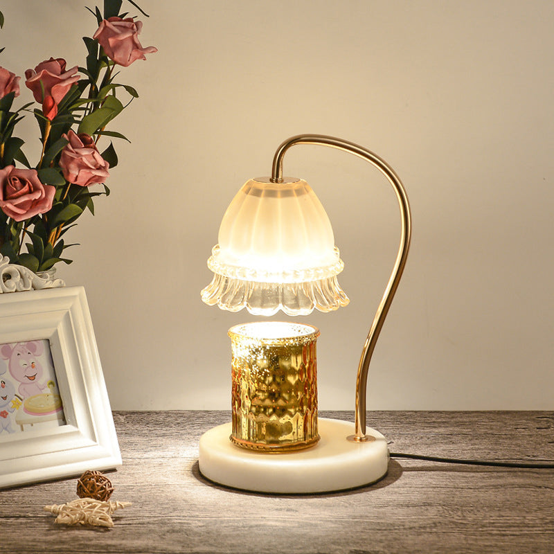 Stylish Tan Glass Floral Nightstand Lamp With White And Brass Gooseneck - Designer Table Light