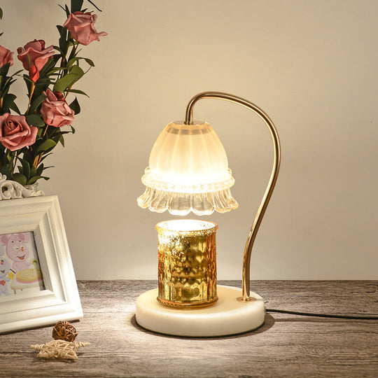 Stylish Tan Glass Floral Nightstand Lamp With White And Brass Gooseneck - Designer Table Light