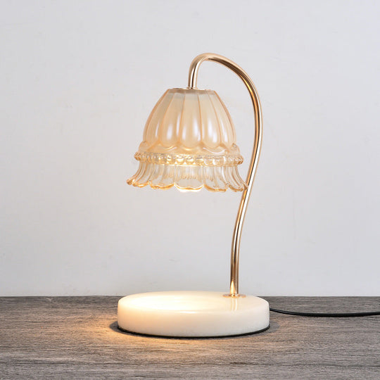 Stylish Tan Glass Floral Nightstand Lamp With White And Brass Gooseneck - Designer Table Light