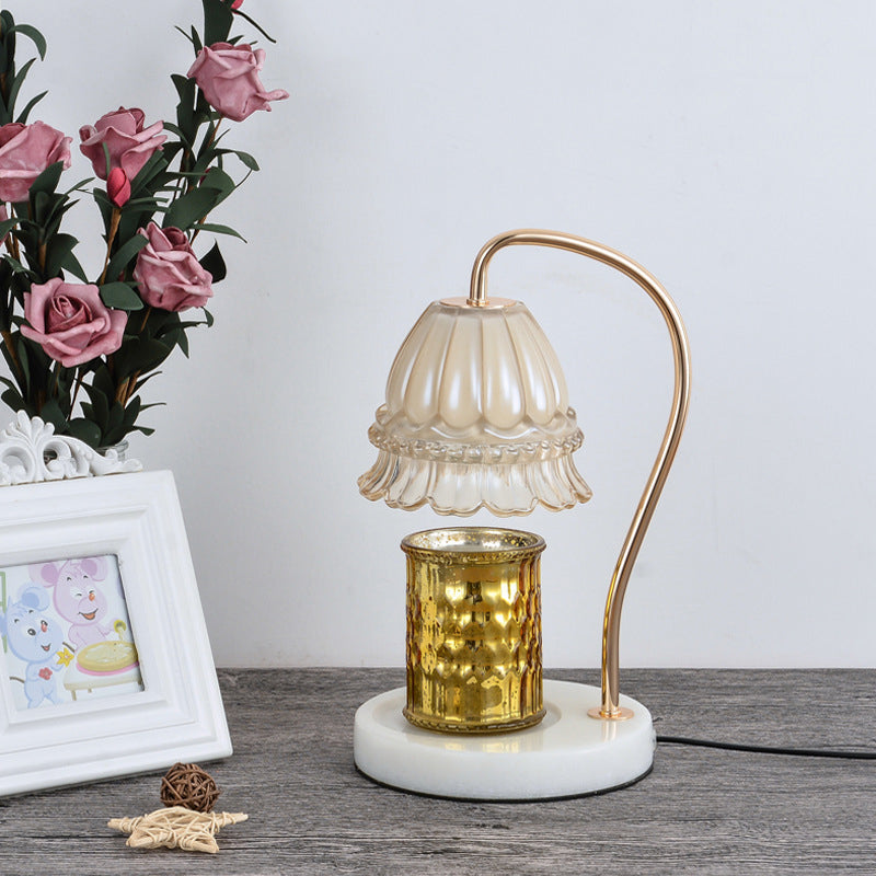 Stylish Tan Glass Floral Nightstand Lamp With White And Brass Gooseneck - Designer Table Light