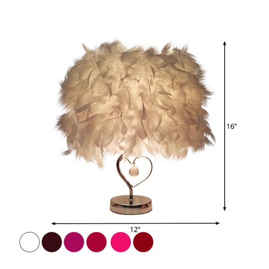 Contemporary Single Nightstand Lamp: Bucket Shaped Table Light In Red/White/Pink With Feather Shade